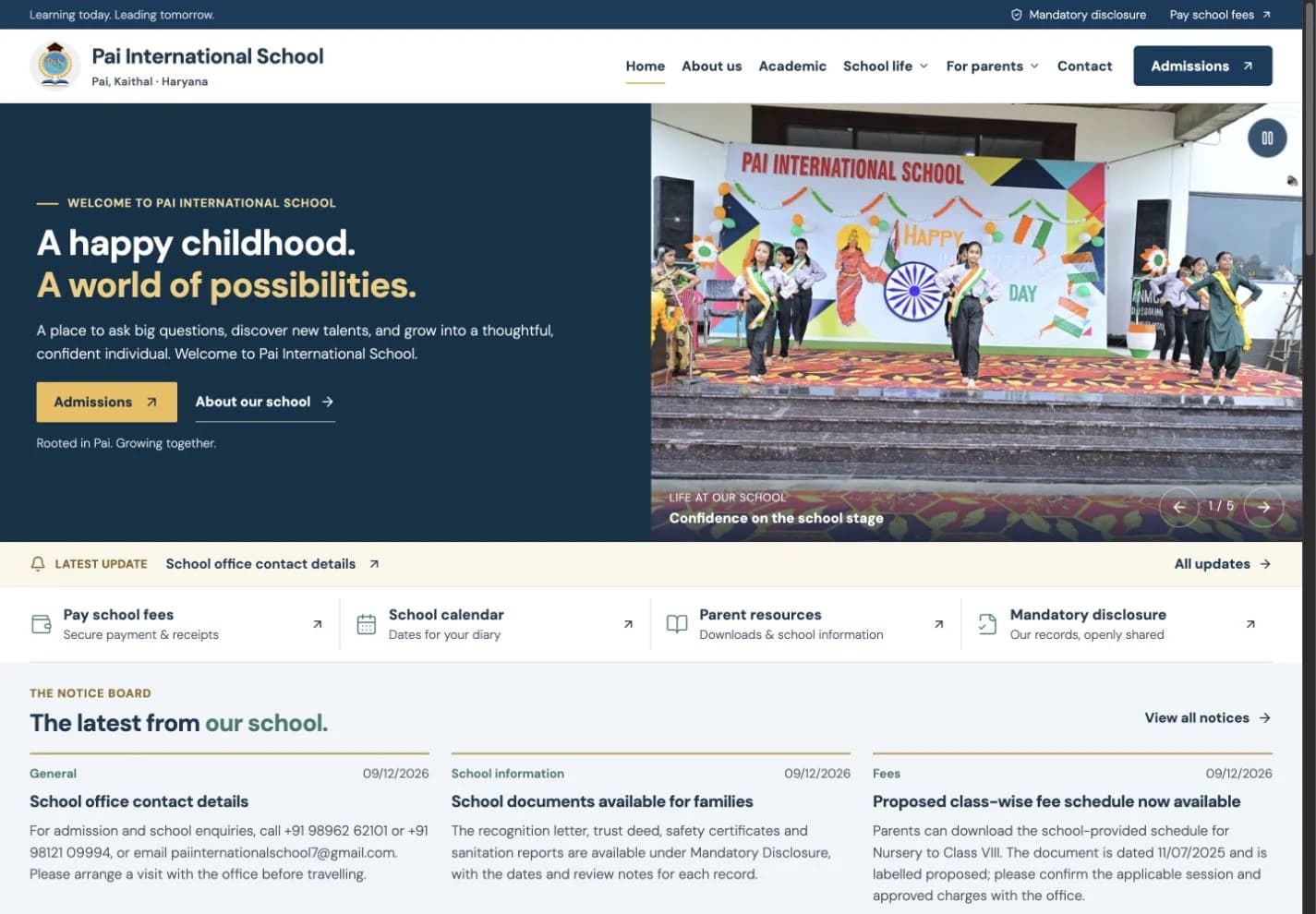 Pai International School website, showing admissions, parent resources and school information